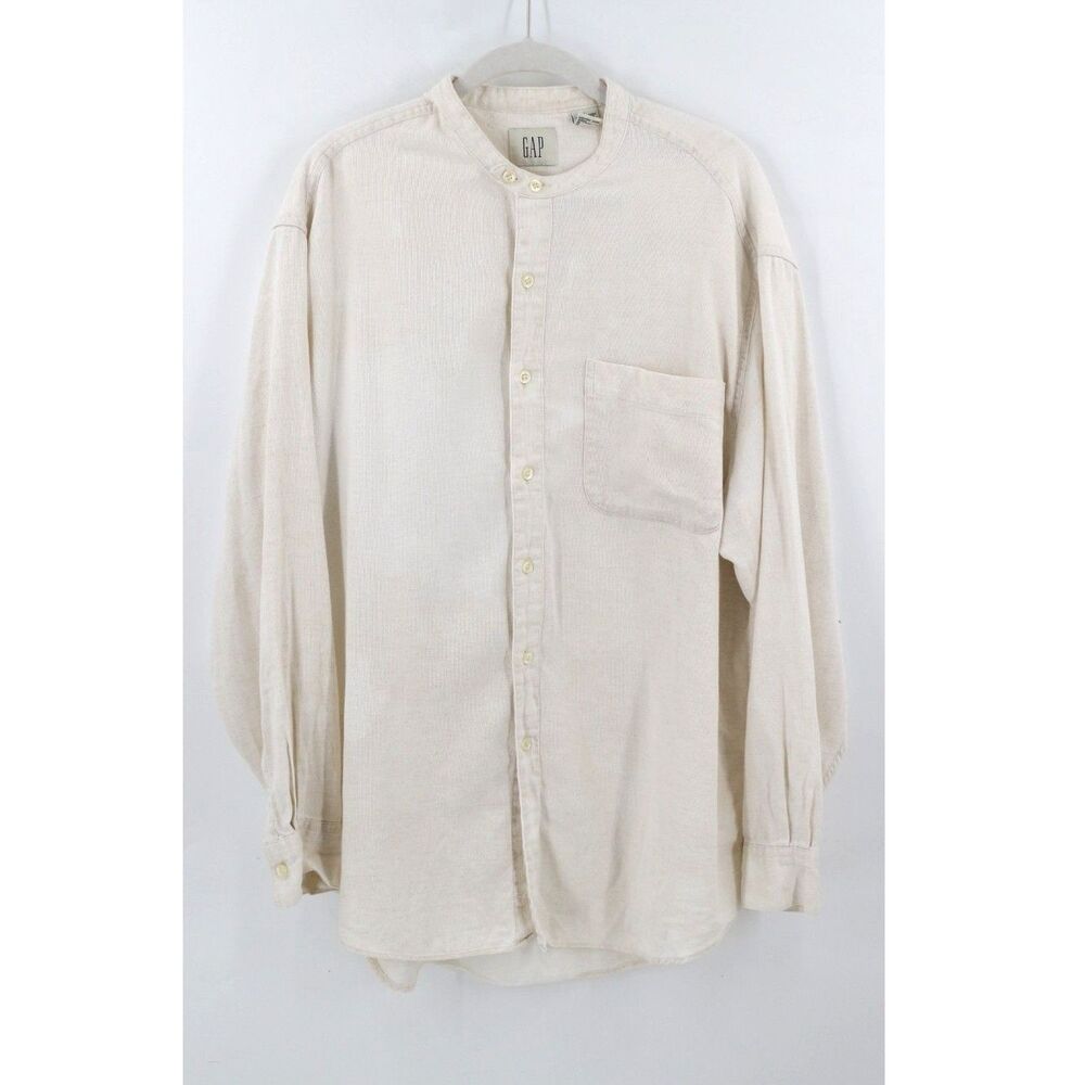 Gap Collarless Linen Blend Button UP Shirt Size Large Cream Coastal Beachy VTG